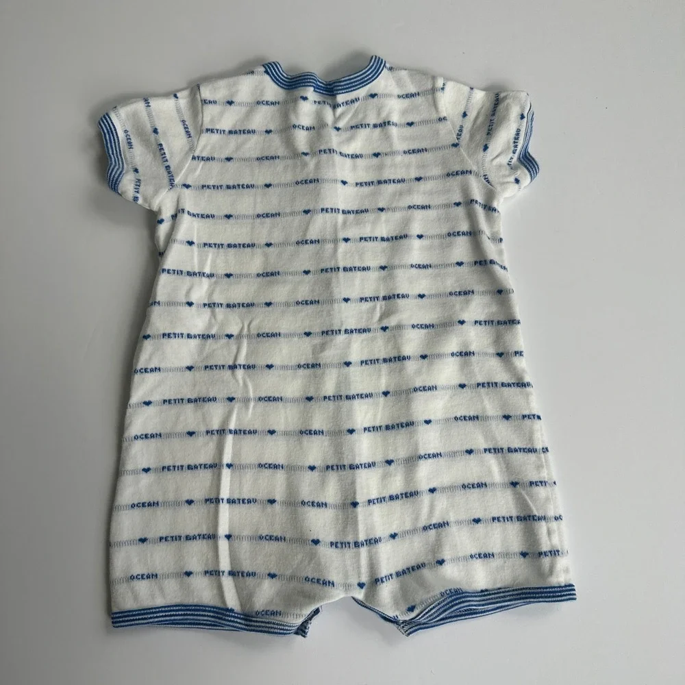 Petit Bateau 12M 74cm Blue White Striped Organic Cotton Short Sleeve Romper